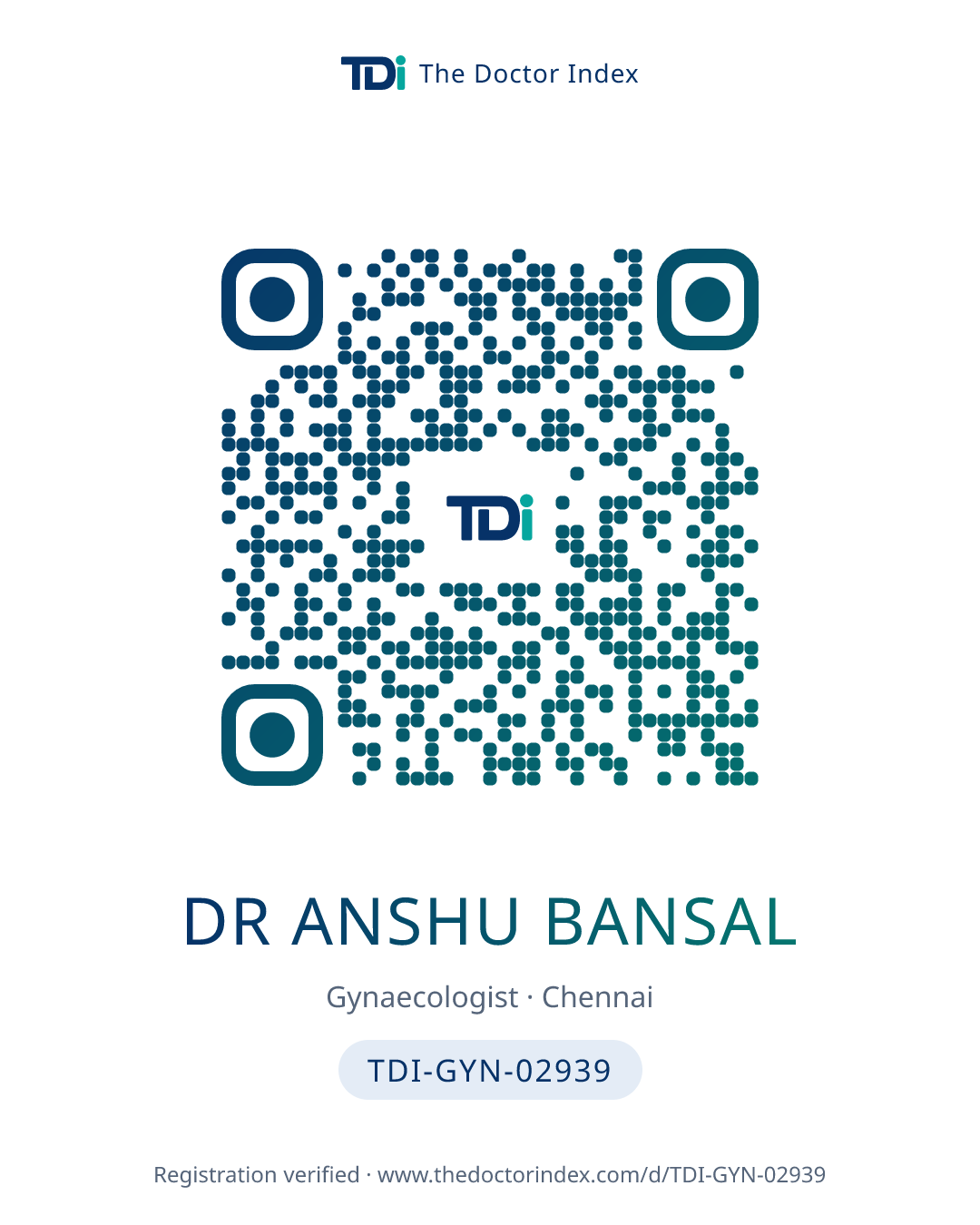QR card for Dr Anshu Bansal, TDI-GYN-02939