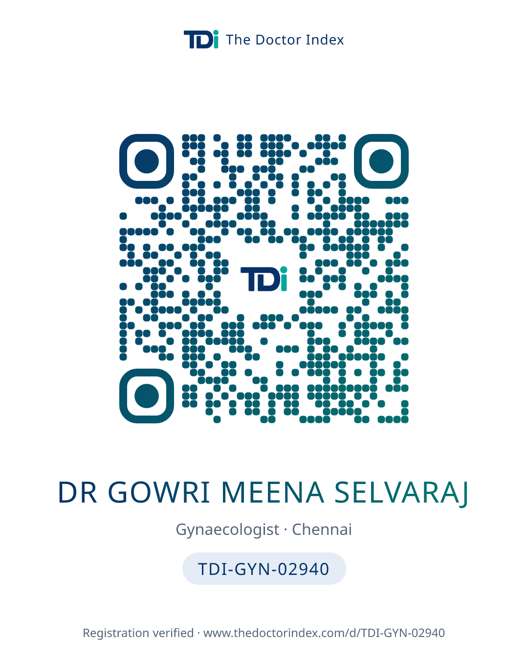 QR card for Dr Gowri Meena Selvaraj, TDI-GYN-02940