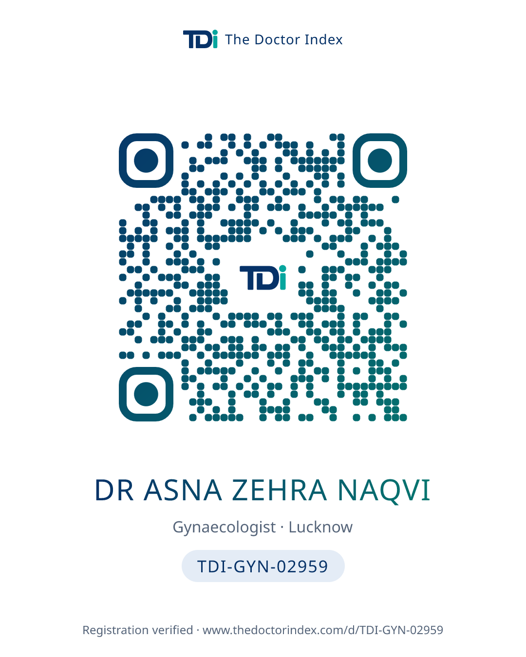 QR card for Dr Asna Zehra Naqvi, TDI-GYN-02959