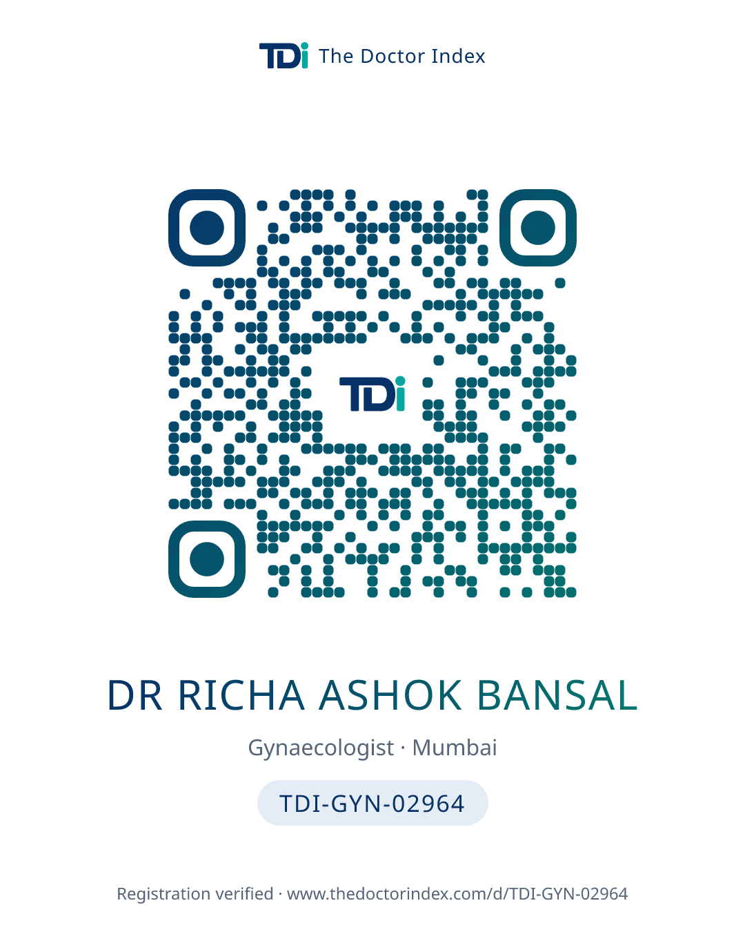 QR card for Dr Richa Ashok Bansal, TDI-GYN-02964