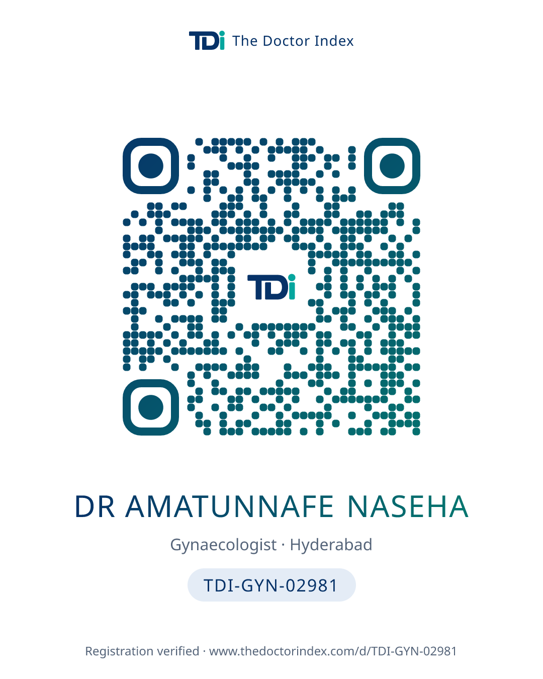 QR card for Dr Amatunnafe Naseha, TDI-GYN-02981