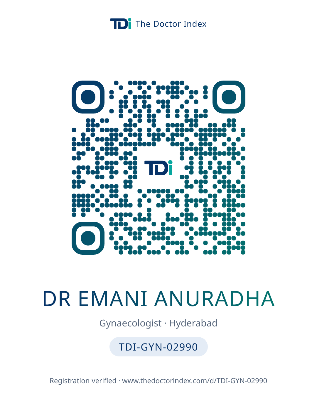 QR card for Dr Emani Anuradha, TDI-GYN-02990
