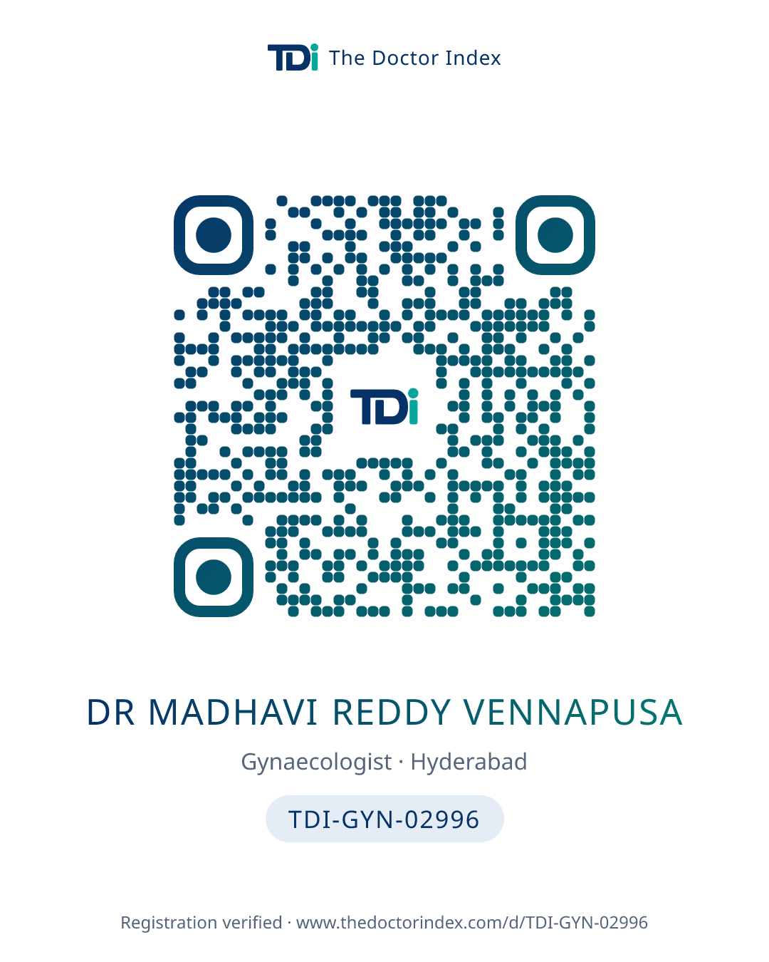 QR card for Dr Madhavi Reddy Vennapusa, TDI-GYN-02996