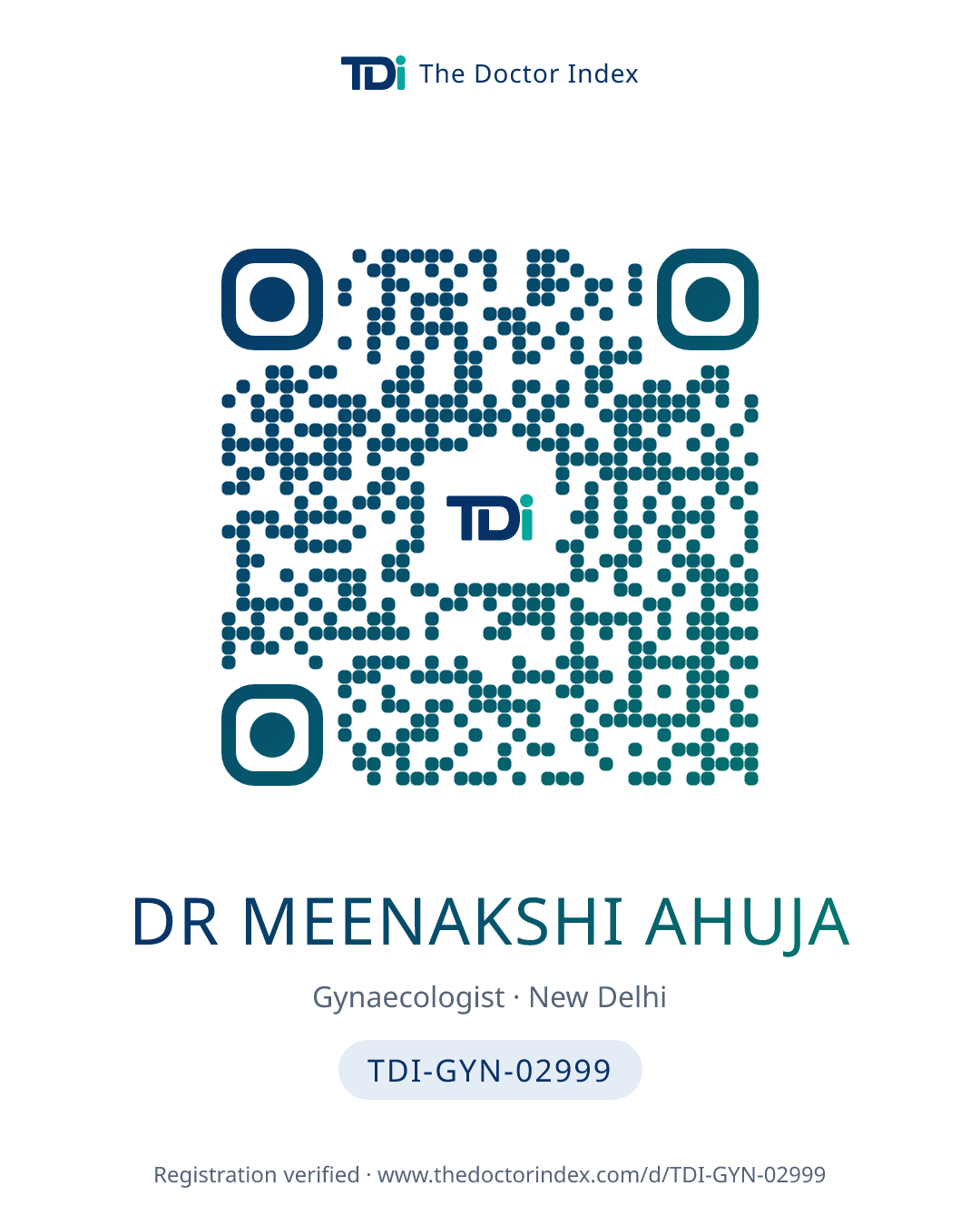 QR card for Dr Meenakshi Ahuja, TDI-GYN-02999