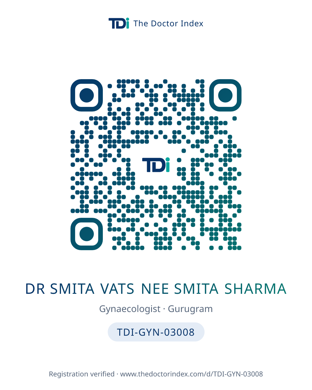 QR card for Dr Smita Vats Nee Smita Sharma, TDI-GYN-03008