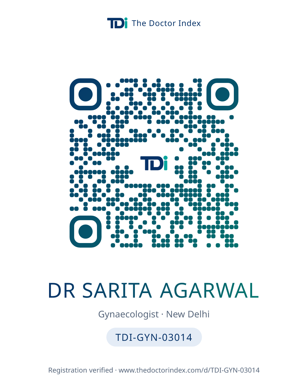 QR card for Dr Sarita Agarwal, TDI-GYN-03014