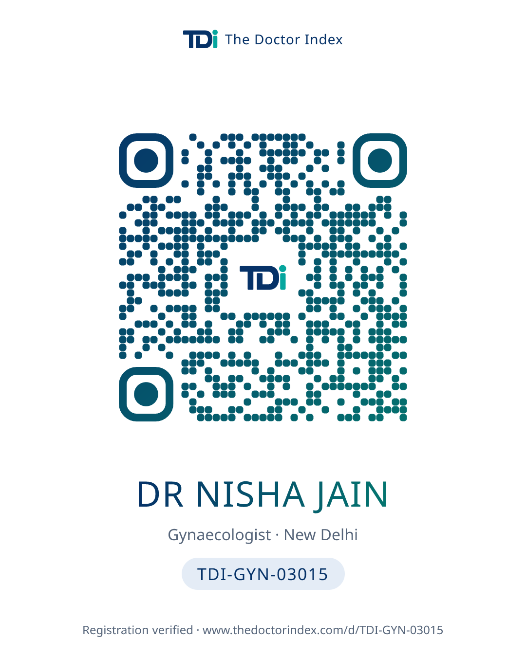 QR card for Dr Nisha Jain, TDI-GYN-03015