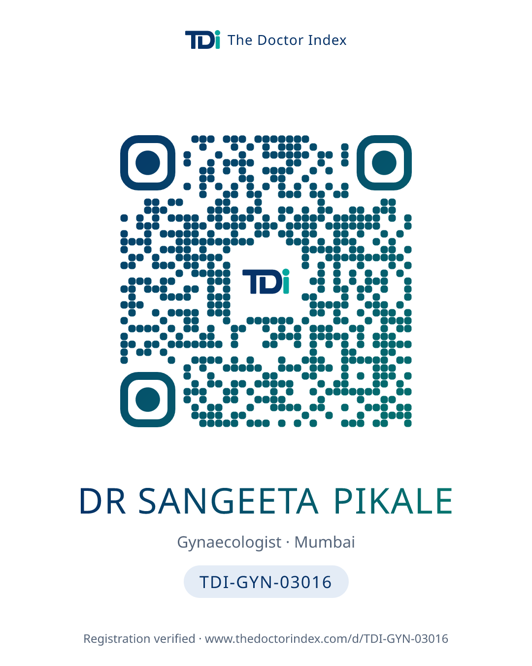 QR card for Dr Sangeeta Pikale, TDI-GYN-03016