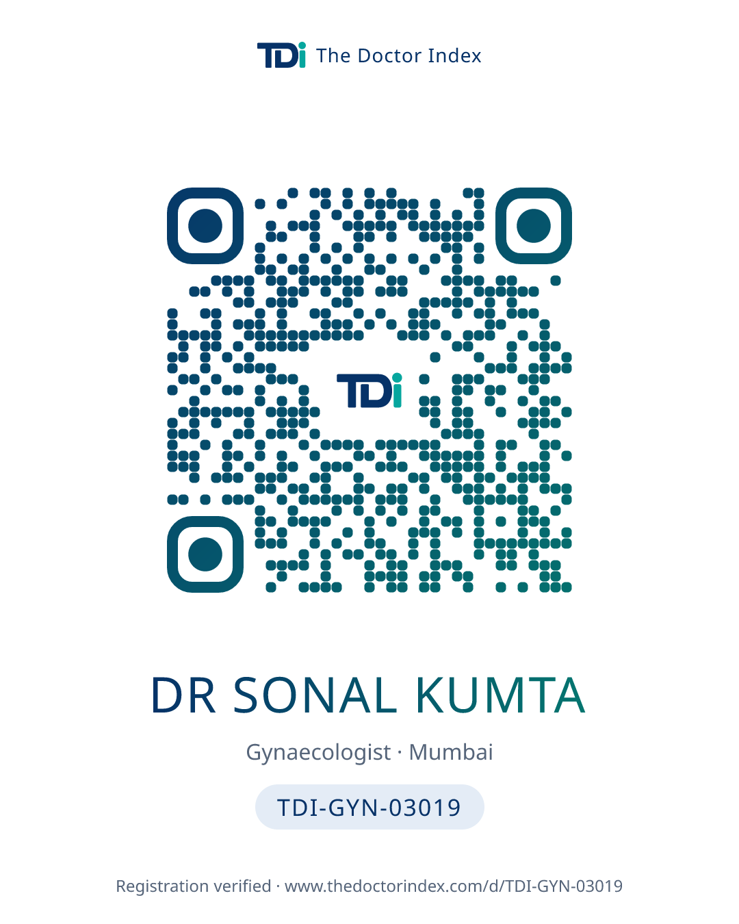 QR card for Dr Sonal Kumta, TDI-GYN-03019