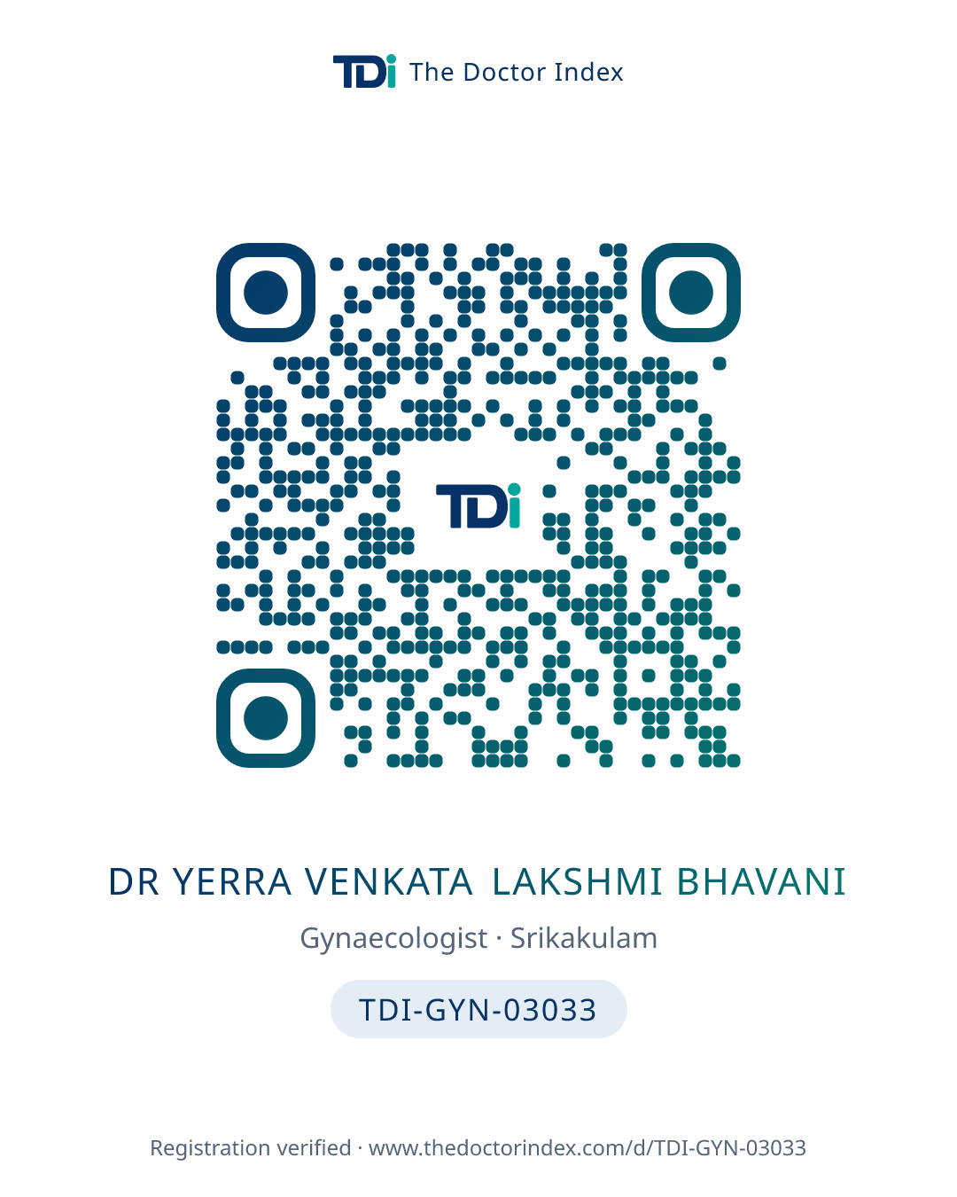QR card for Dr Yerra Venkata Lakshmi Bhavani, TDI-GYN-03033
