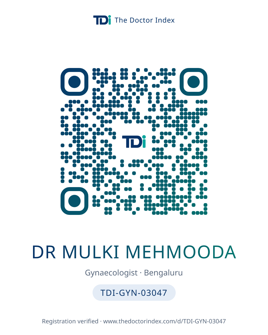 QR card for Dr Mulki Mehmooda, TDI-GYN-03047