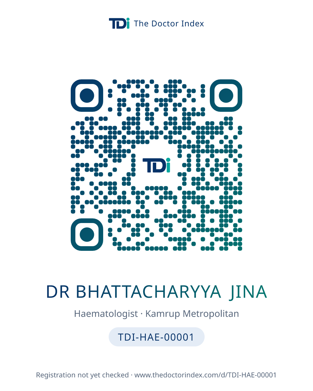 QR card for Dr Bhattacharyya Jina, TDI-HAE-00001