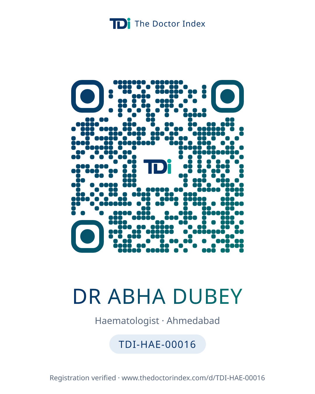QR card for Dr Abha Dubey, TDI-HAE-00016