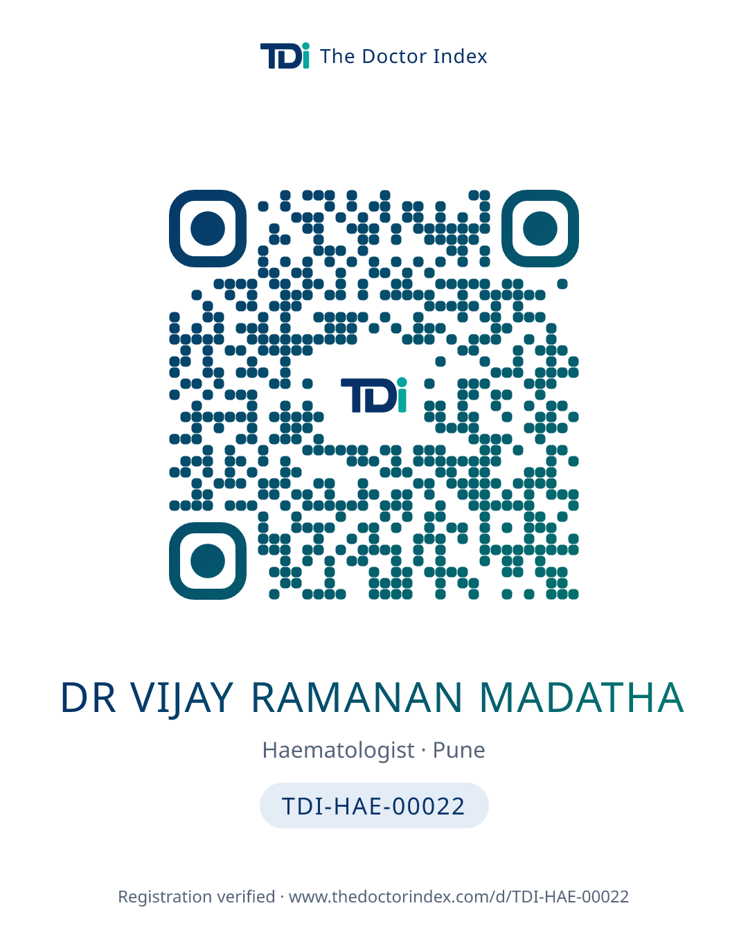 QR card for Dr Vijay Ramanan Madatha, TDI-HAE-00022