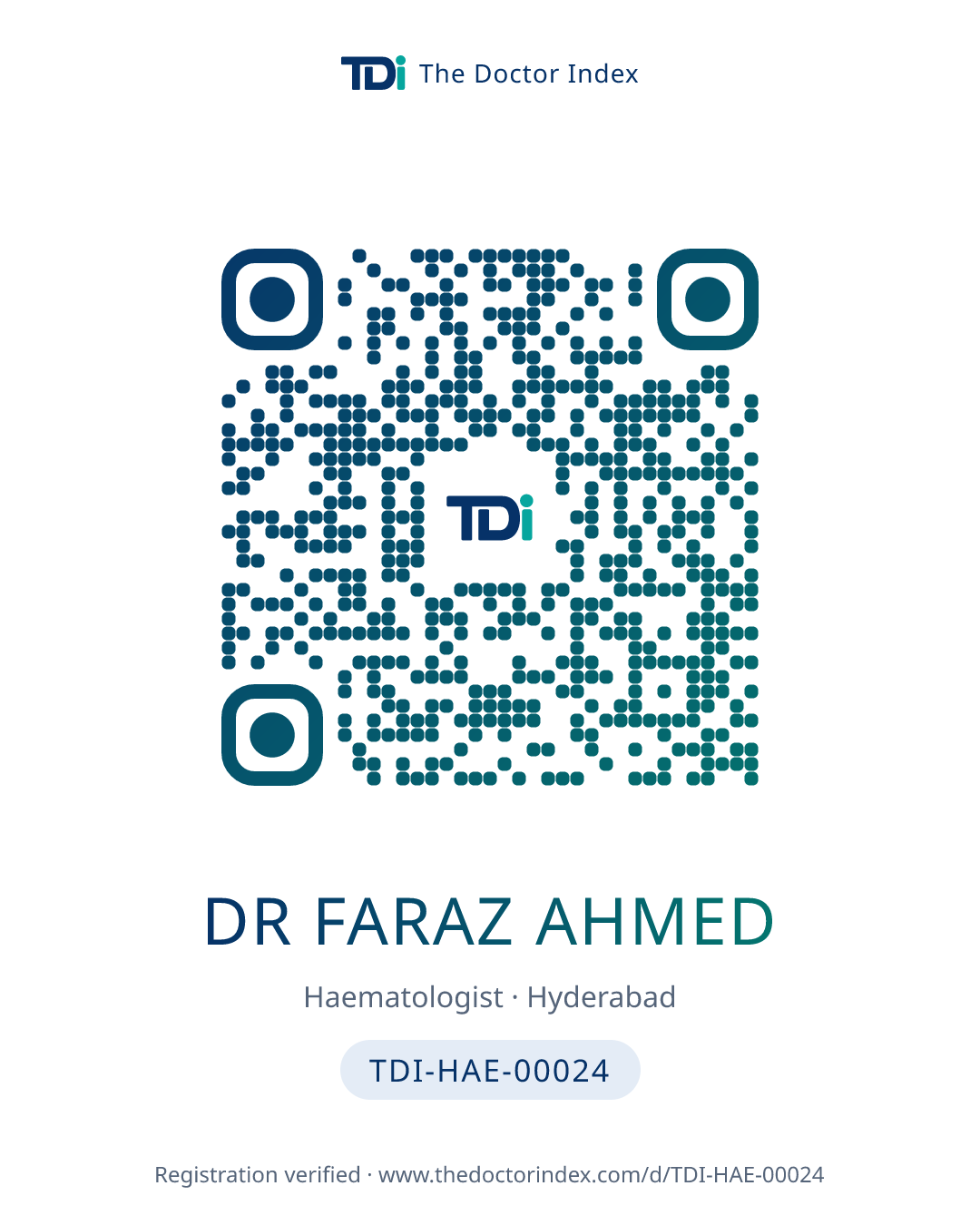 QR card for Dr Faraz Ahmed, TDI-HAE-00024