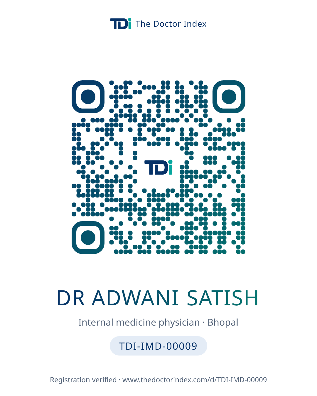 QR card for Dr Adwani Satish, TDI-IMD-00009
