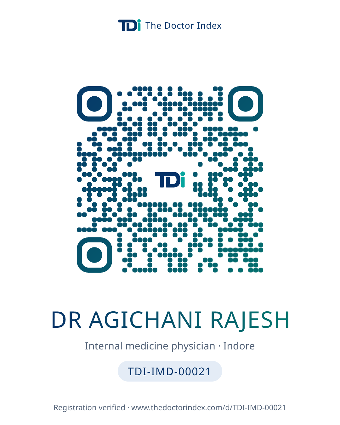 QR card for Dr Agichani Rajesh, TDI-IMD-00021