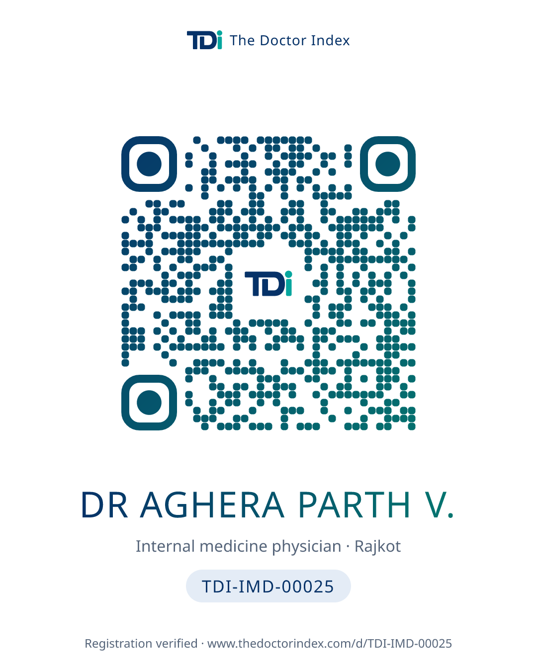 QR card for Dr Aghera Parth V., TDI-IMD-00025