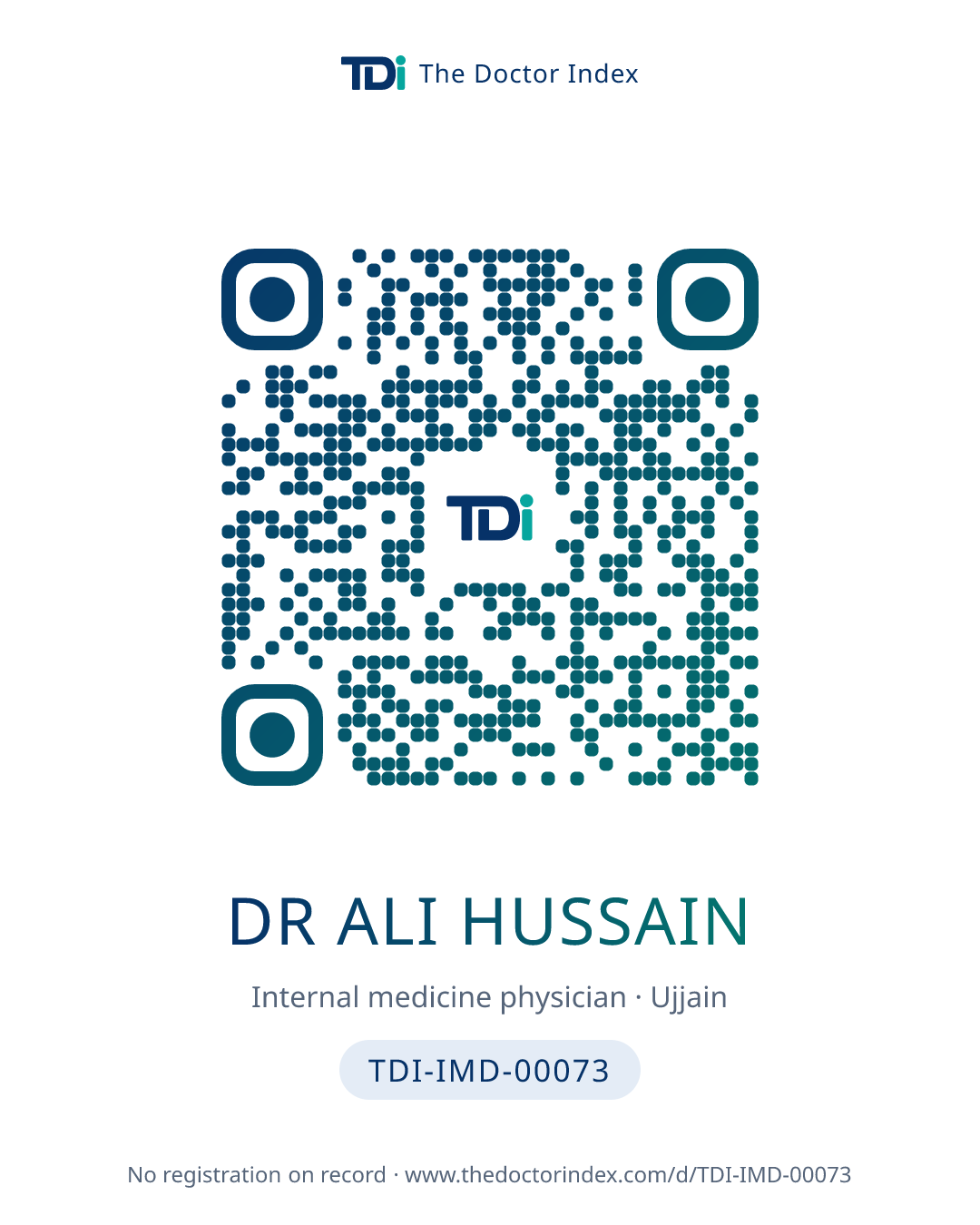 QR card for Dr Ali Hussain, TDI-IMD-00073