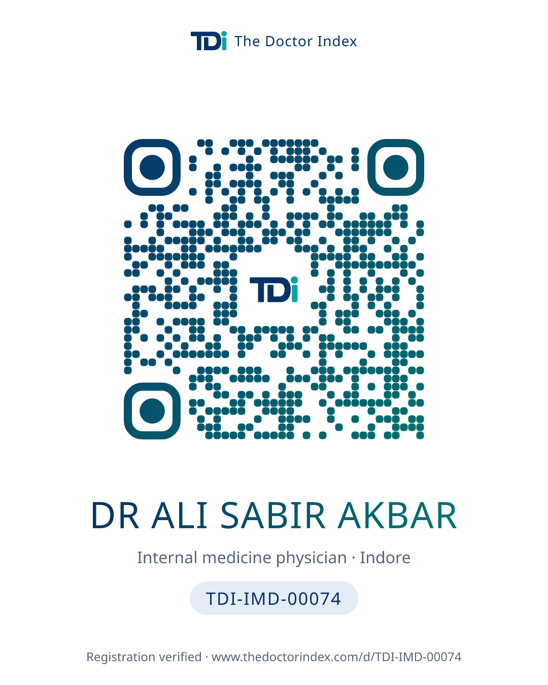 QR card for Dr Ali Sabir Akbar, TDI-IMD-00074