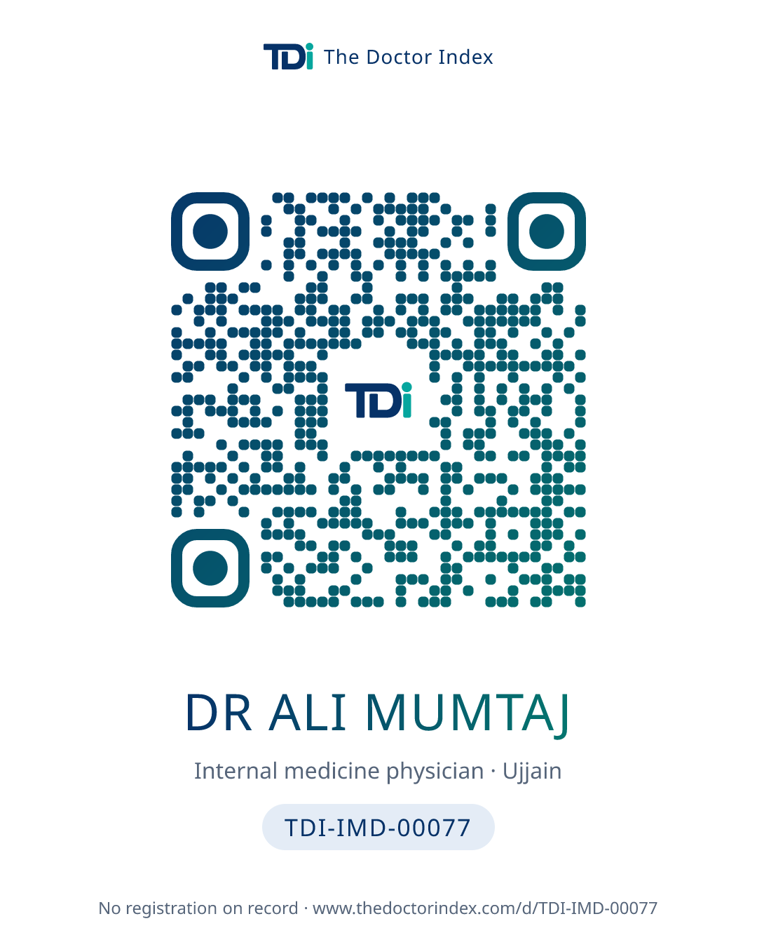 QR card for Dr Ali Mumtaj, TDI-IMD-00077