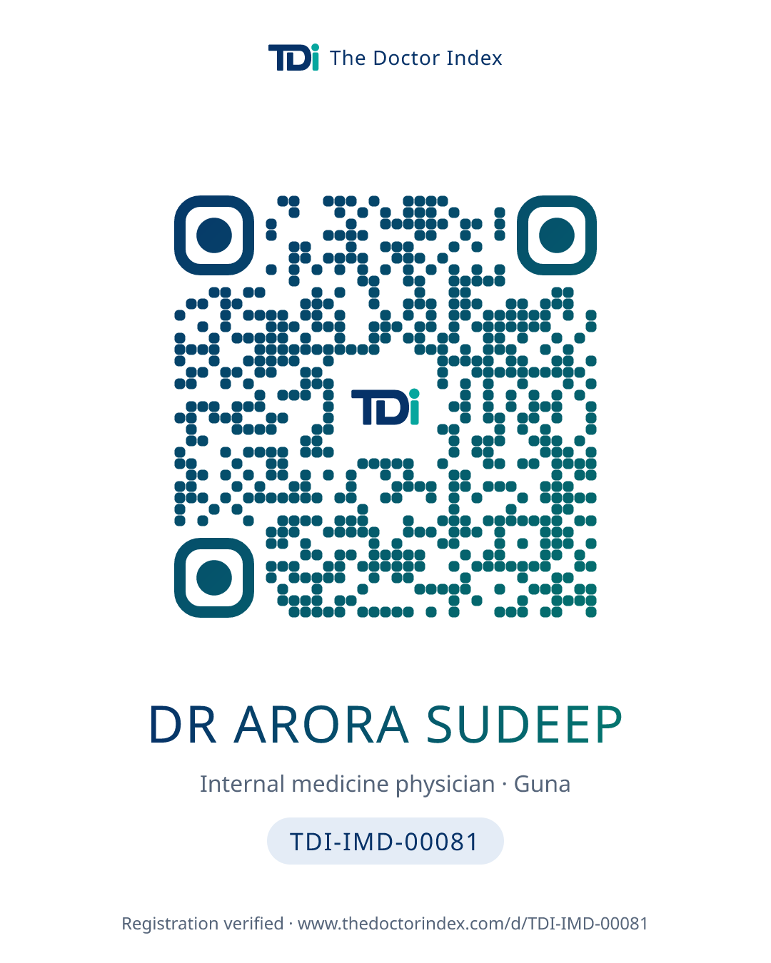QR card for Dr Arora Sudeep, TDI-IMD-00081