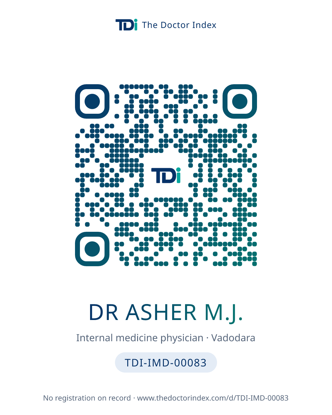QR card for Dr Asher M.J., TDI-IMD-00083