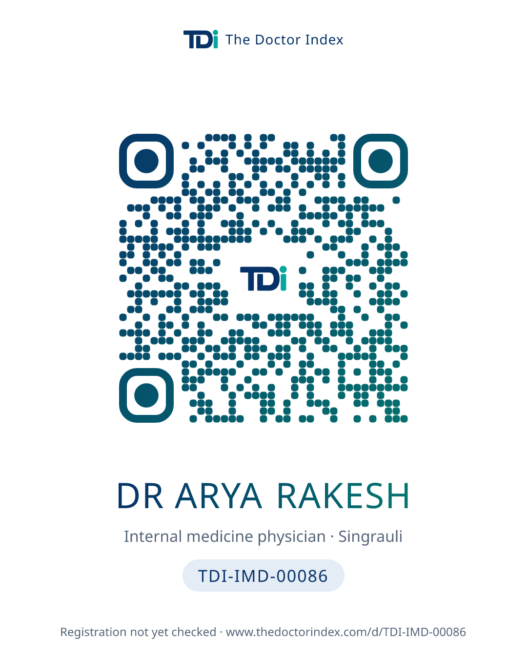 QR card for Dr Arya Rakesh, TDI-IMD-00086