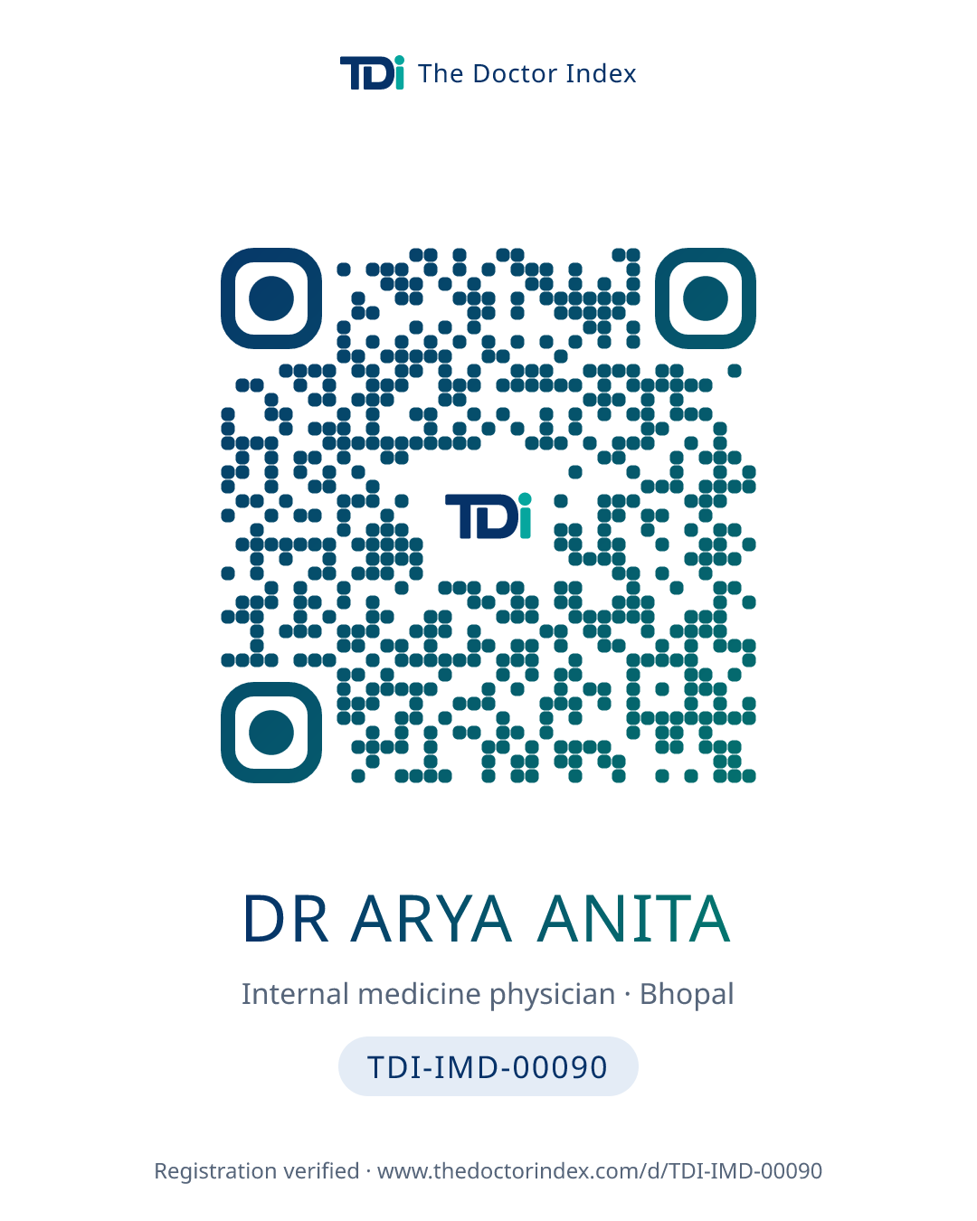 QR card for Dr Arya Anita, TDI-IMD-00090