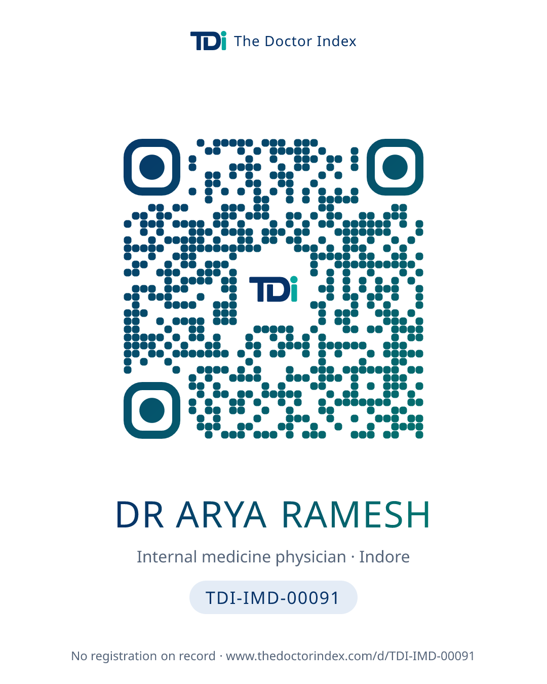 QR card for Dr Arya Ramesh, TDI-IMD-00091