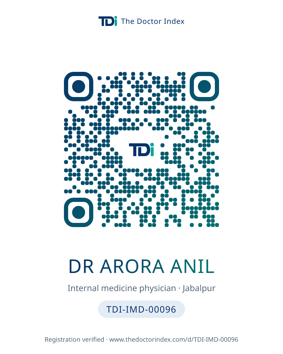 QR card for Dr Arora Anil, TDI-IMD-00096