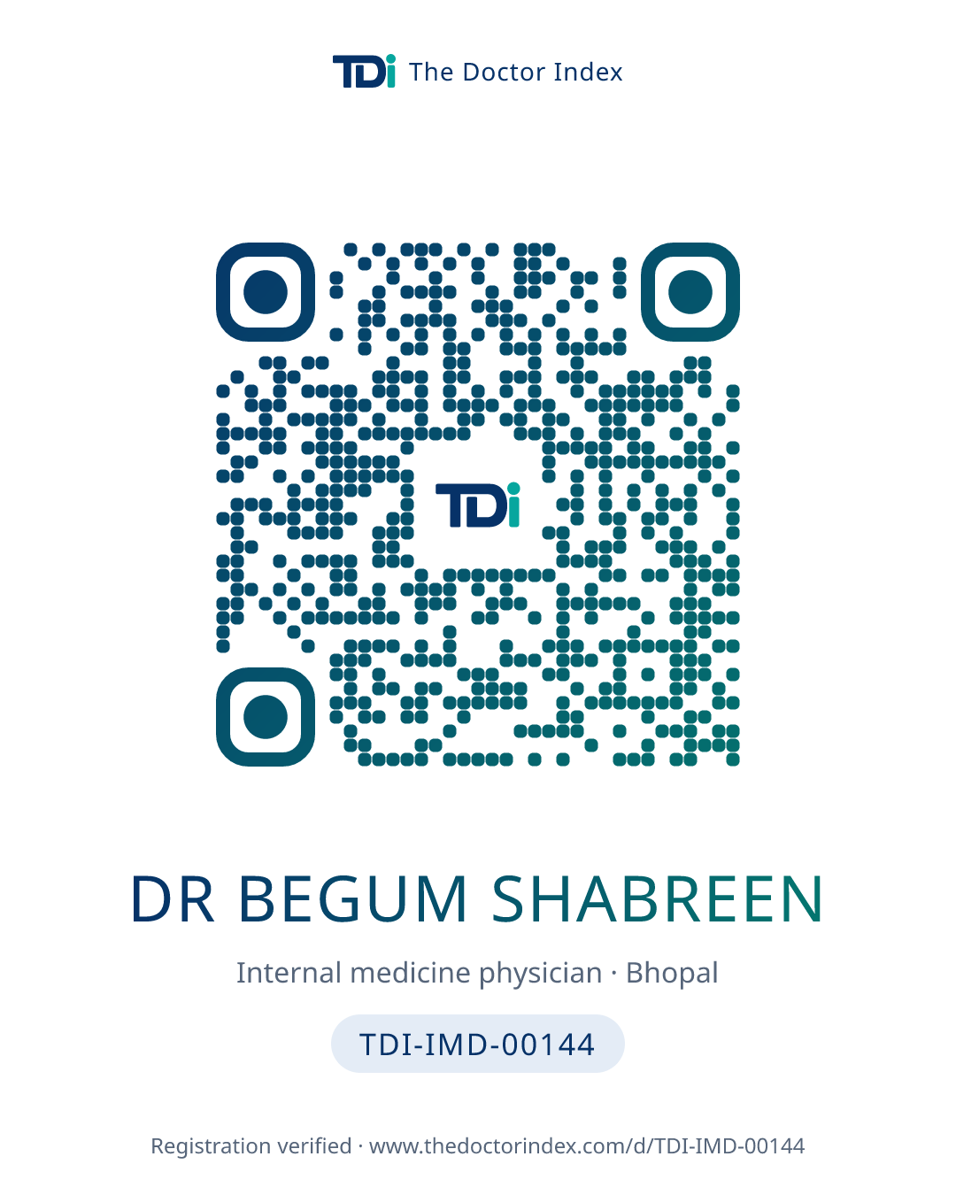 QR card for Dr Begum Shabreen, TDI-IMD-00144