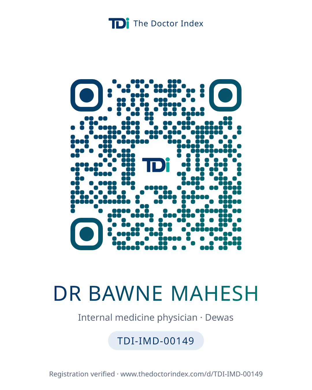 QR card for Dr Bawne Mahesh, TDI-IMD-00149