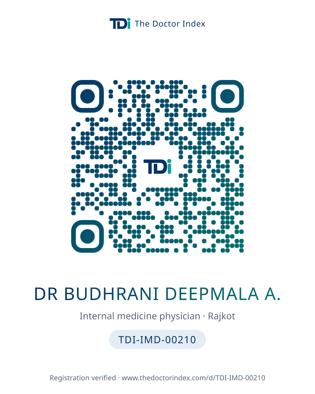 QR card for Dr Budhrani Deepmala A., TDI-IMD-00210