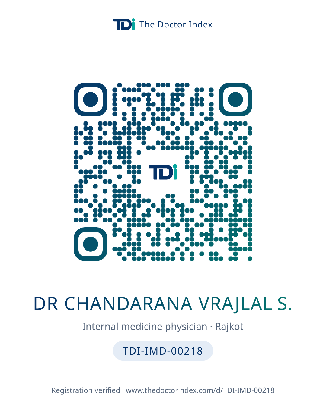 QR card for Dr Chandarana Vrajlal S., TDI-IMD-00218