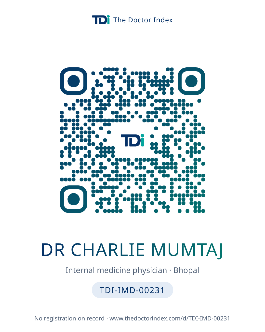 QR card for Dr Charlie Mumtaj, TDI-IMD-00231