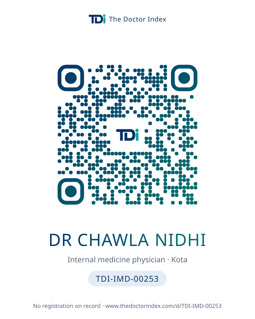 QR card for Dr Chawla Nidhi, TDI-IMD-00253