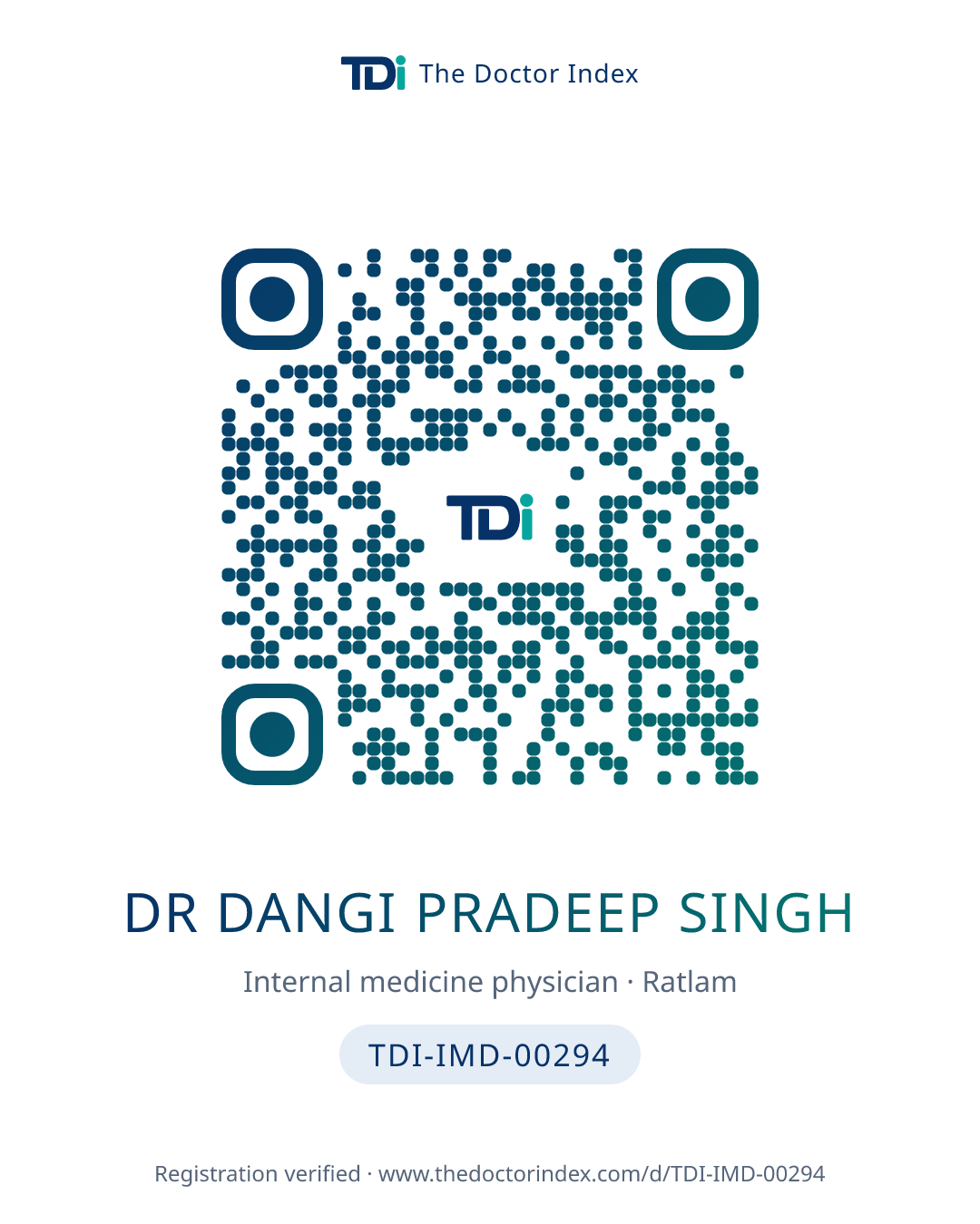 QR card for Dr Dangi Pradeep Singh, TDI-IMD-00294