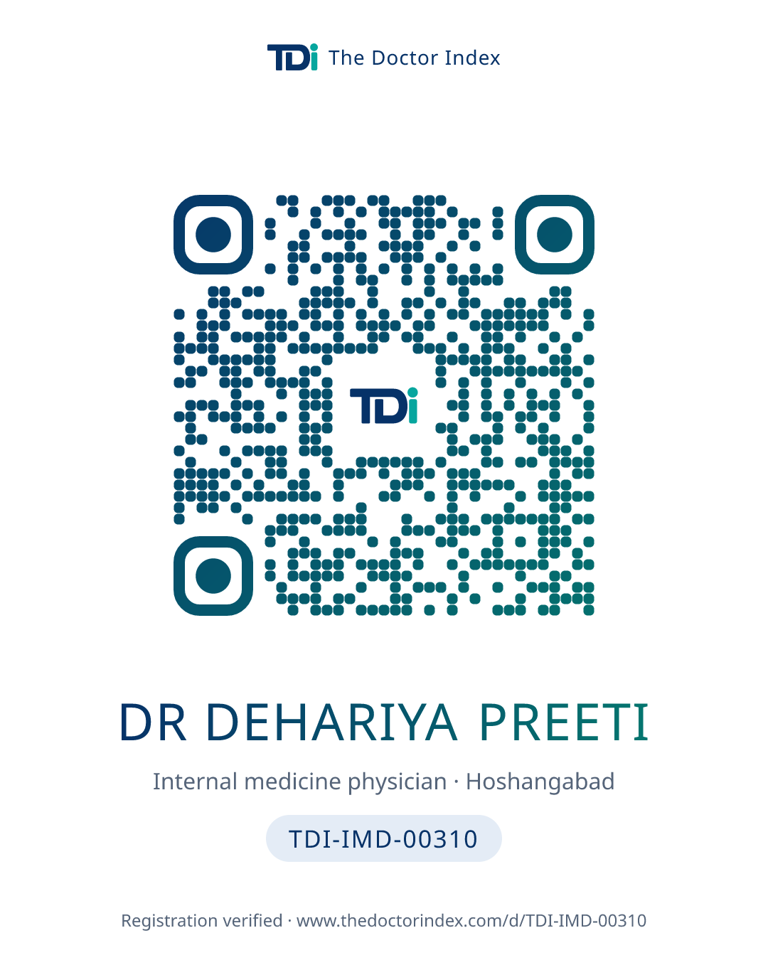 QR card for Dr Dehariya Preeti, TDI-IMD-00310