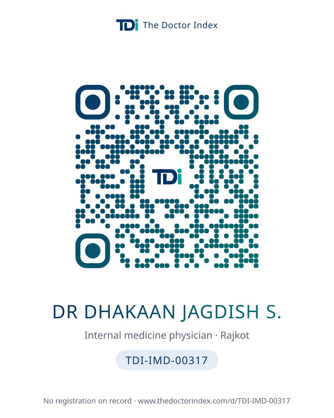 QR card for Dr Dhakaan Jagdish S., TDI-IMD-00317