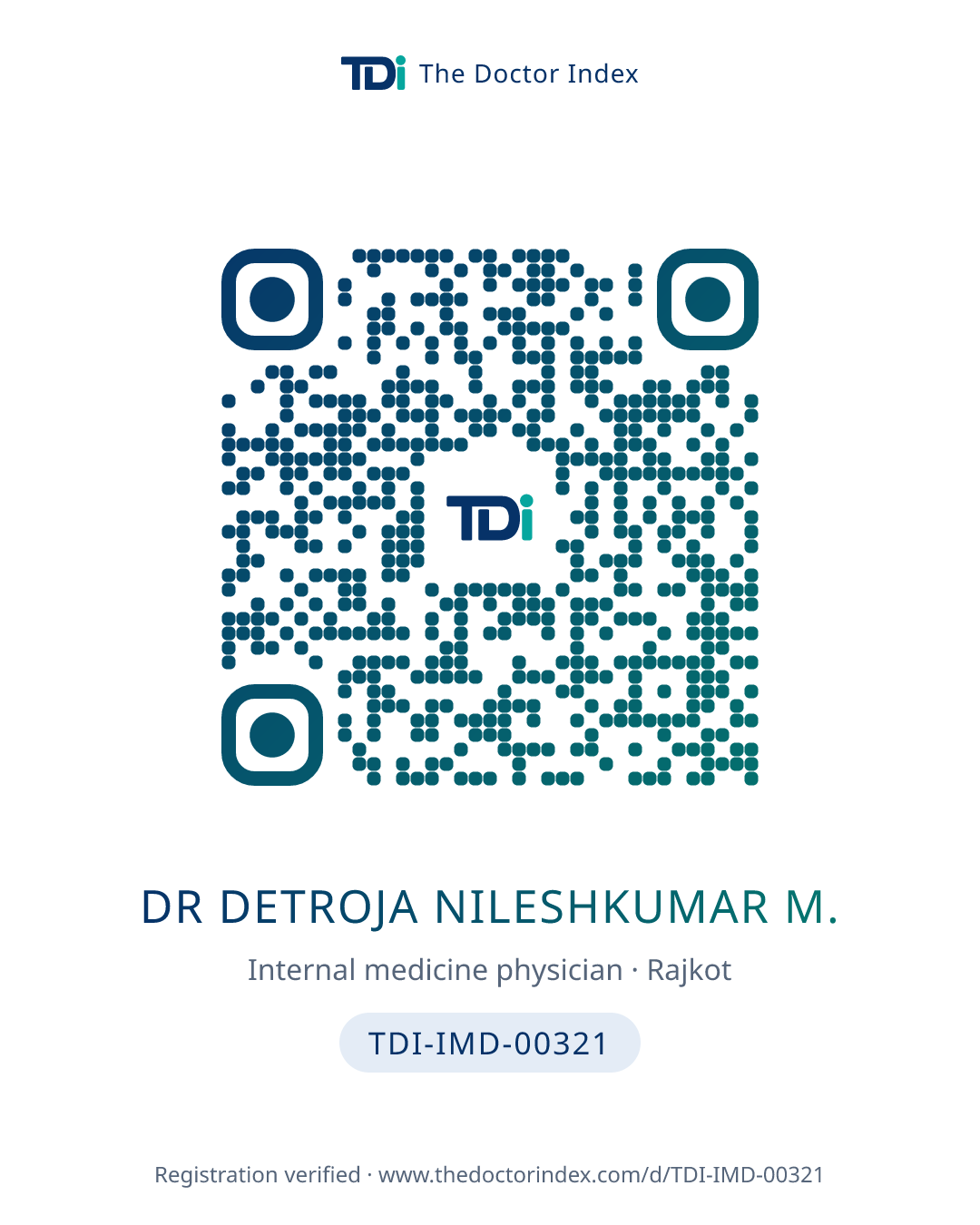 QR card for Dr Detroja Nileshkumar M., TDI-IMD-00321
