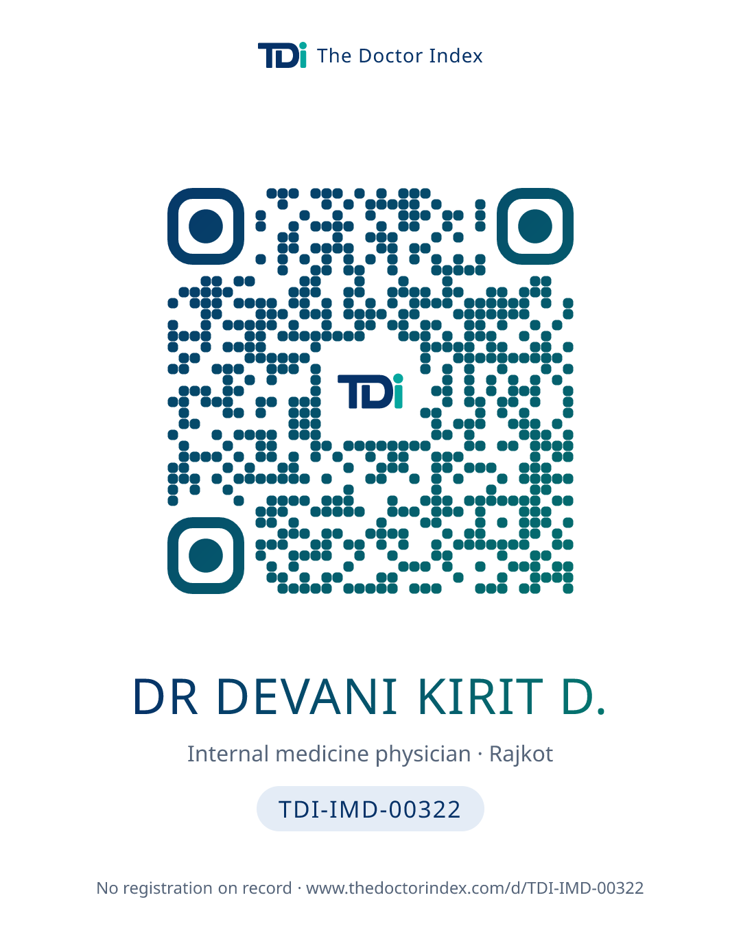 QR card for Dr Devani Kirit D., TDI-IMD-00322