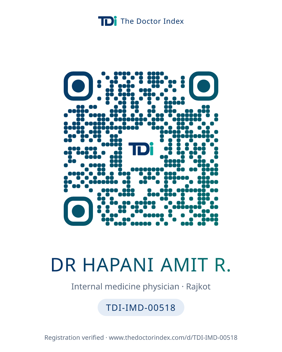 QR card for Dr Hapani Amit R., TDI-IMD-00518