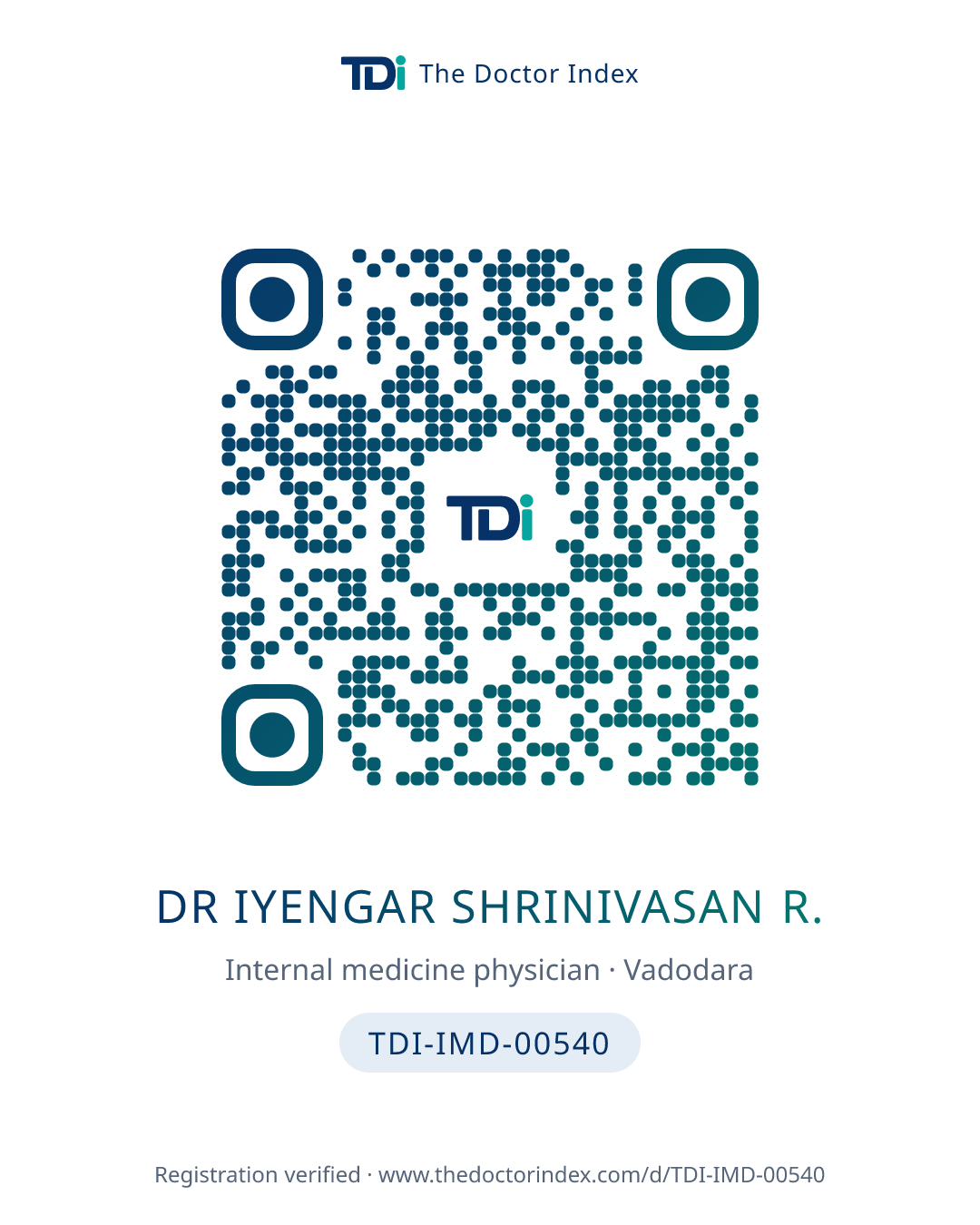 QR card for Dr Iyengar Shrinivasan R., TDI-IMD-00540