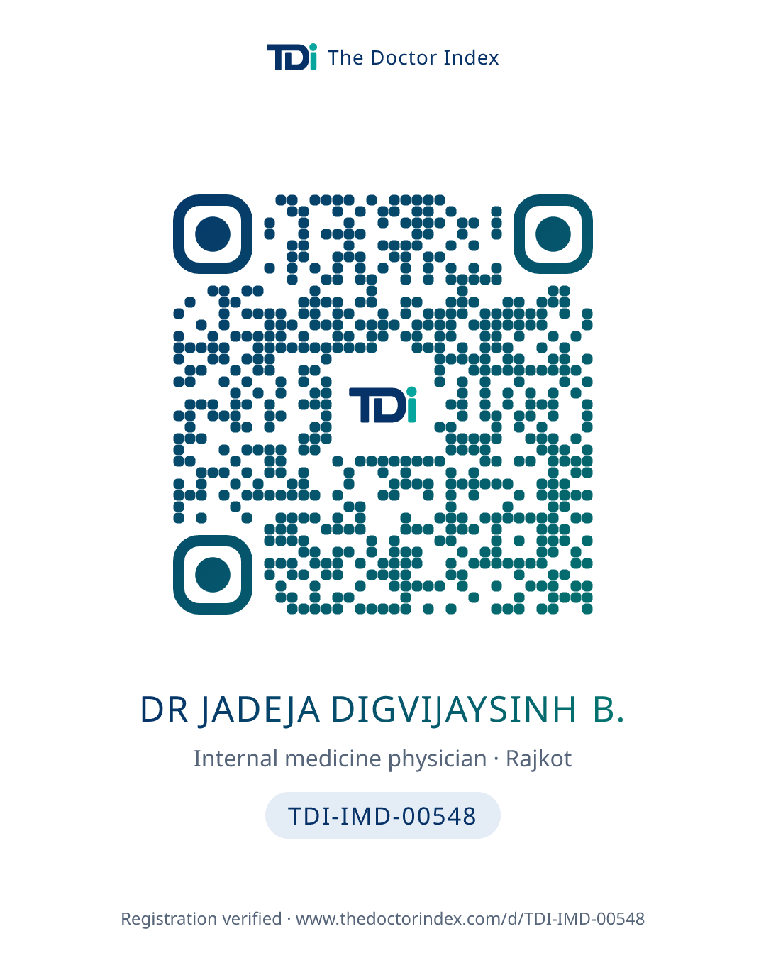 QR card for Dr Jadeja Digvijaysinh B., TDI-IMD-00548
