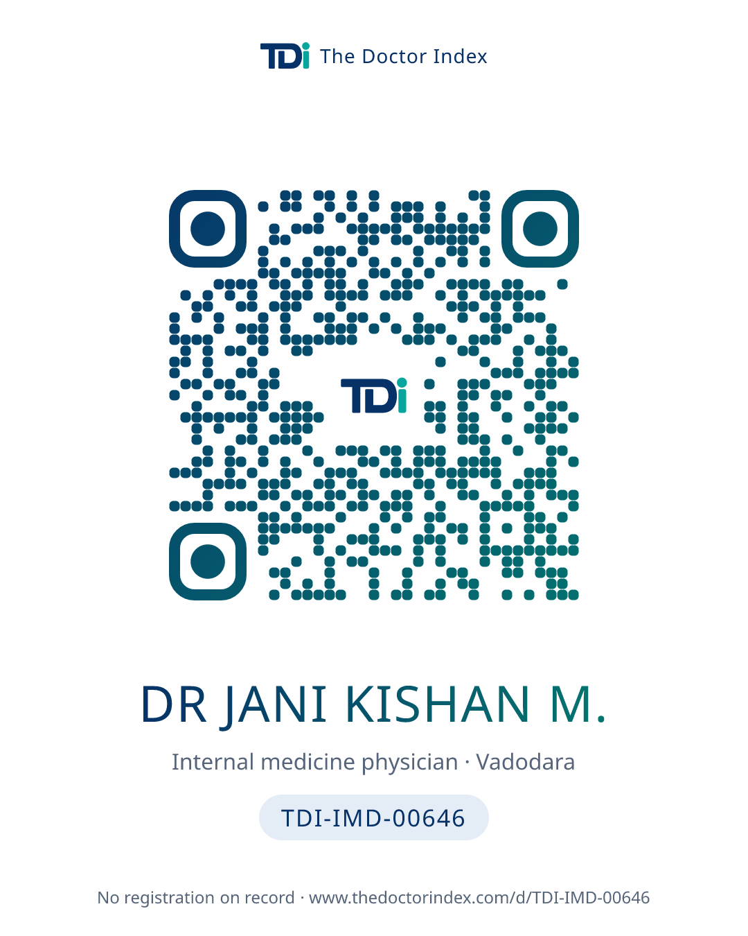 QR card for Dr Jani Kishan M., TDI-IMD-00646
