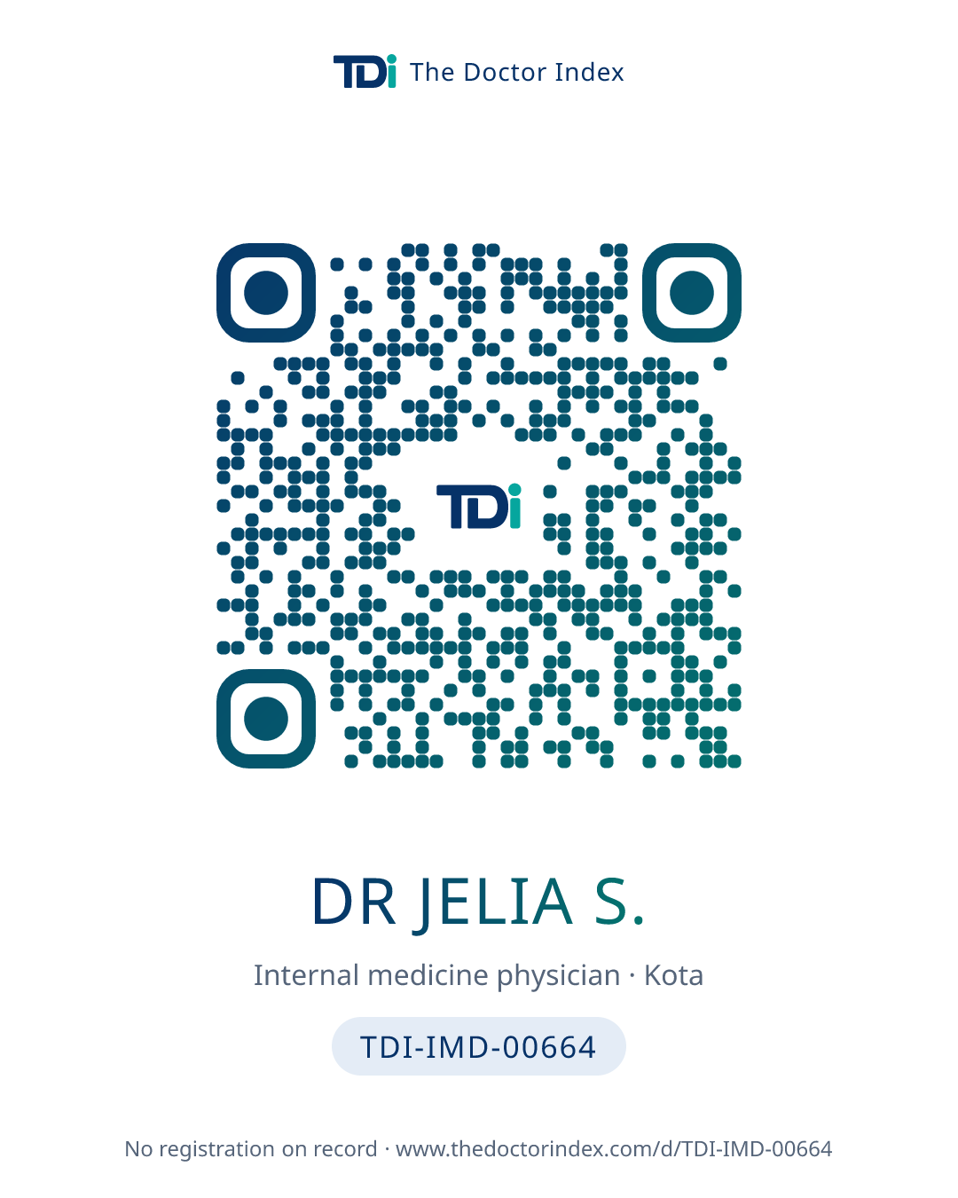 QR card for Dr Jelia S., TDI-IMD-00664