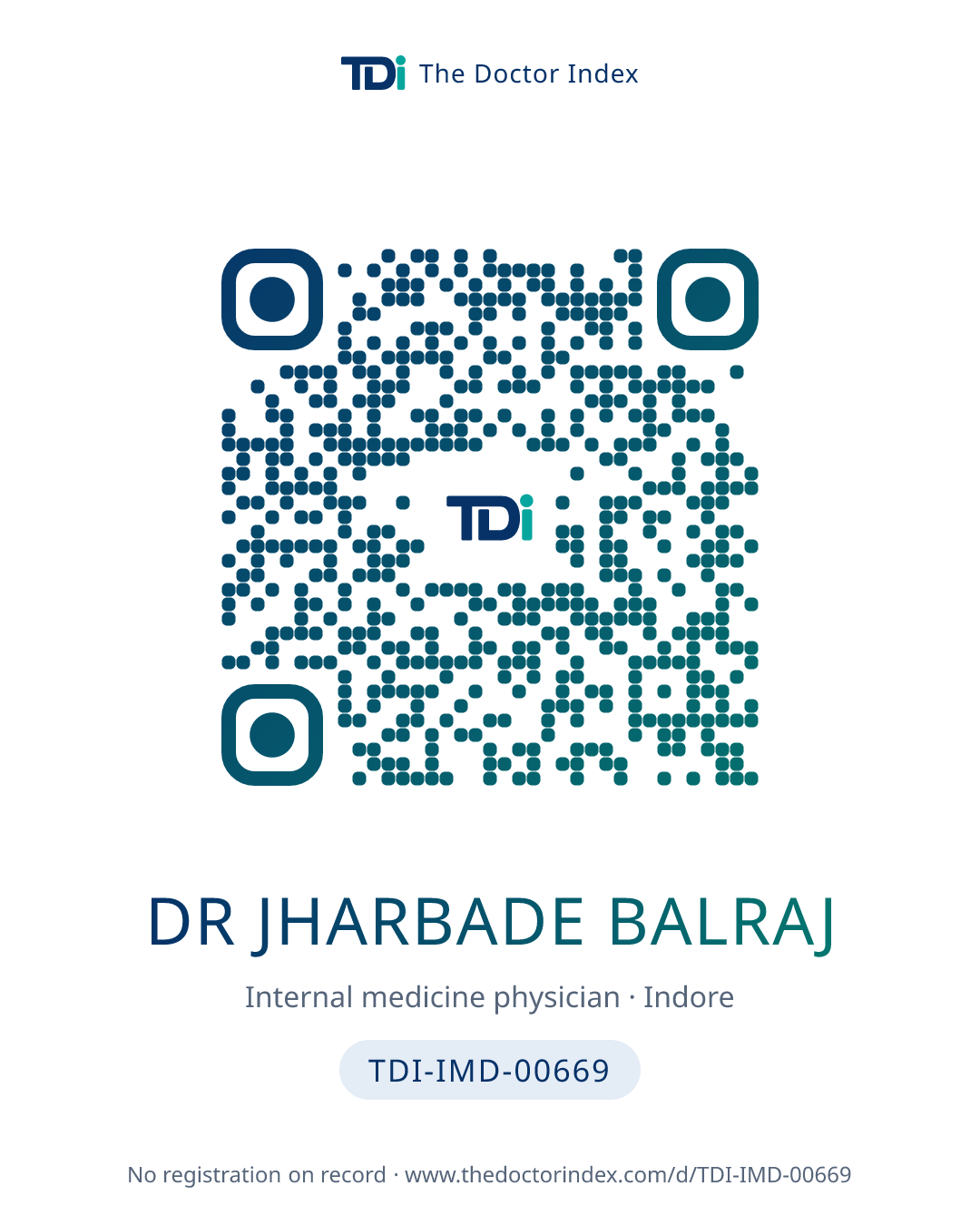 QR card for Dr Jharbade Balraj, TDI-IMD-00669