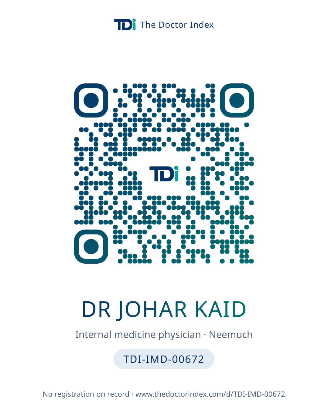 QR card for Dr Johar Kaid, TDI-IMD-00672