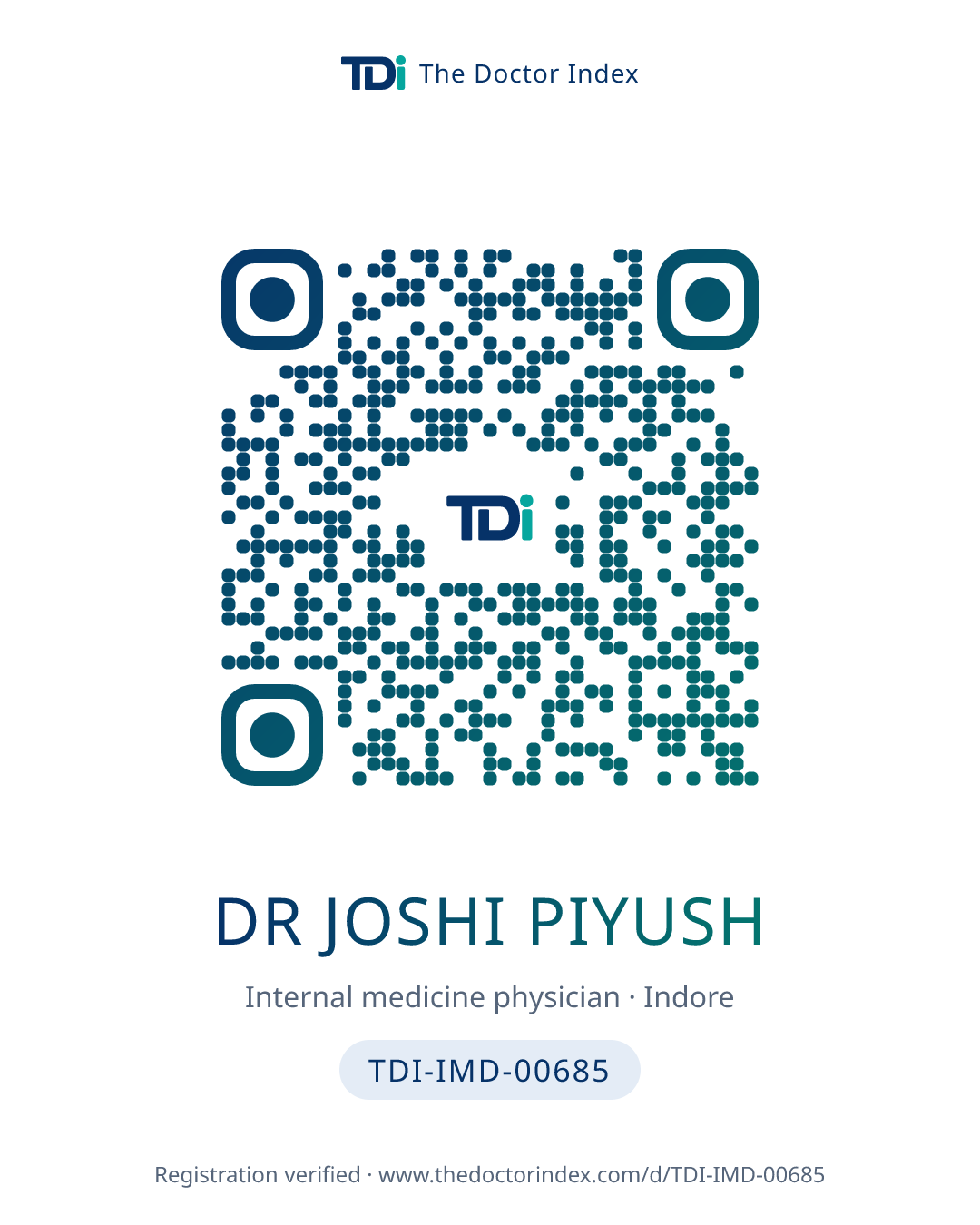 QR card for Dr Joshi Piyush, TDI-IMD-00685
